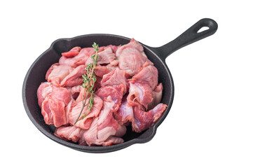 Fresh poultry offal in a black pan with a touch of thyme, stark white background highlights the product