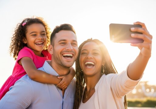 Happy family taking a selfie together outdoors on a sunny day