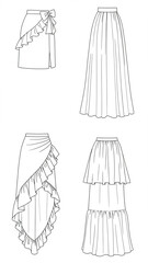 Set of four technical fashion flats for women's skirts: ruffled wrap, tiered, and pleated maxi styles.
