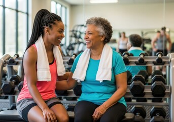 Two women smiling and talking at the gym after a workout session