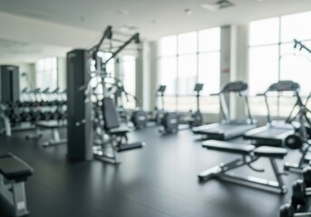 Fototapeta premium Blurred view of a modern gym with exercise equipment and natural light