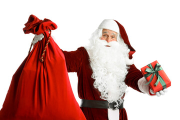 Santa Claus with red bag and Christmas gift on white background