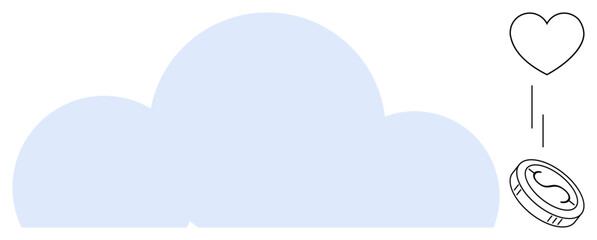 Cloud shape paired with a heart and coin, suggesting online donations, financial services, and charity. Ideal for technology, finance, generosity, philanthropy, online giving innovation simple flat