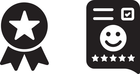 Review badge icon silhouette showing star medal symbol in clean isolated vector style.