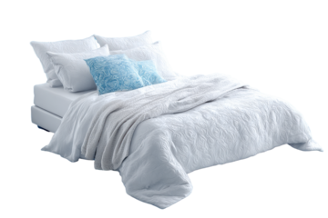 Comfortable bed with white bedding and blue decorative pillow on checkered backdrop