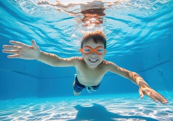 boy swimming underwater with goggles, smiling and enjoying the summer