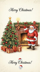 Watercolor Santa Claus and Christmas Tree with Fireplace, Vintage Holiday Greeting Card Design