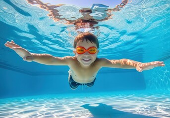 Young boy swims underwater in a swimming pool with orange goggles
