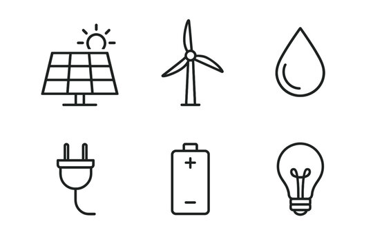 Icons of renewable energy: solar, wind, water, electric plug, battery, light bulb
