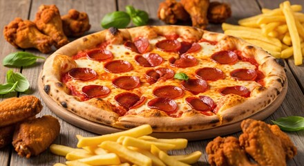 Delicious Pepperoni Pizza with Chicken Wings and French Fries Served on Rustic Wooden Table