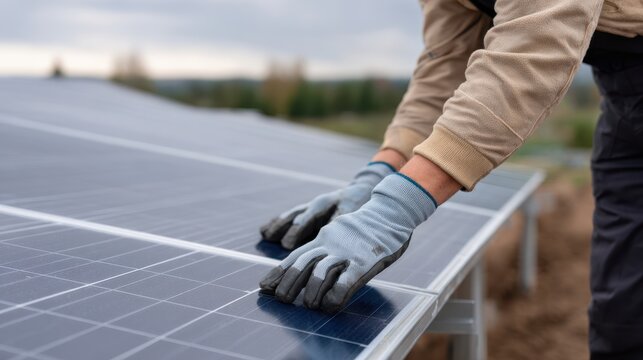 Skilled technician, wearing gloves, is installing solar panels on a rooftop, showcasing sustainable energy solutions and modern technology in a natural environment
