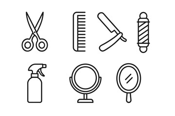 Barber tools icons: scissors, comb, razor, spray bottle, mirrors, barber pole