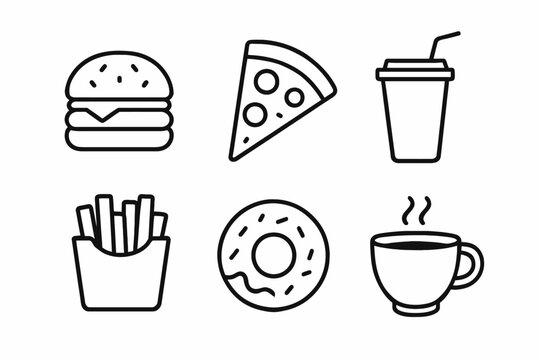 Minimalist icons of fast food and beverages: burger, pizza, fries, donut, drinks