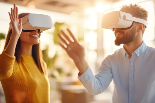 Man and woman in VR headsets high-fiving in bright office, demonstrating immersive collaboration for business training or tech innovation.