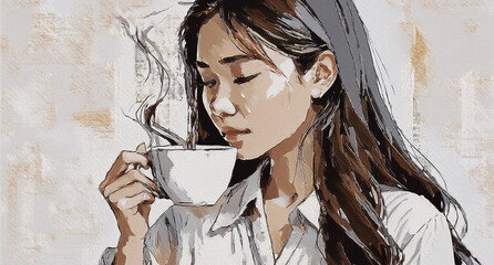 Digital watercolor painting of  a young woman holding coffee in cafe.