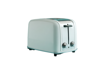 White retro toaster with controls for bread toasting on transparent background
