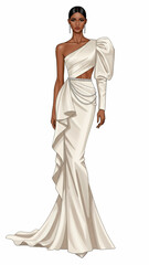 Elegant Fashion Illustration of Woman in White Formal Gown