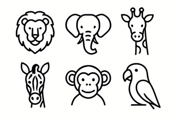 Naklejka premium Outline illustrations of various animals: lion, elephant, giraffe, zebra, monkey, parrot icons
