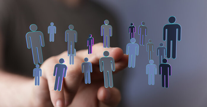 Abstract image of digital humans connecting with a finger, representing technology and social connections. Team