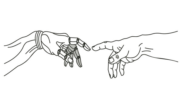 The creation of adam reimagined with a robot hand reaching out to a human hand, vector illustration