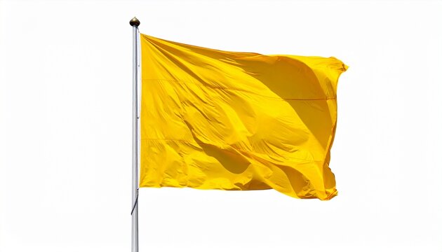 Bright yellow flag waving on silver pole with pointed finial, plain white background, lightweight fabric in motion.