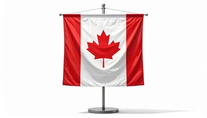 Canadian flag waving on silver pole, red maple leaf centered between vertical red bands, plain white background.