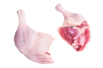 Raw duck leg presented against a clean white surface, perfect for culinary stock imagery.