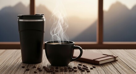 Steaming cup of coffee with mountain sunrise view