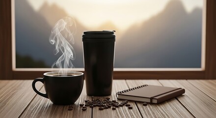 Cozy morning coffee and a book on wooden table