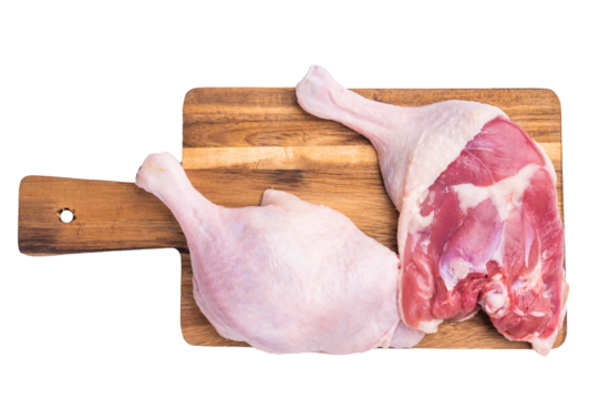 Raw duck leg presented against a clean white surface, perfect for culinary stock imagery.