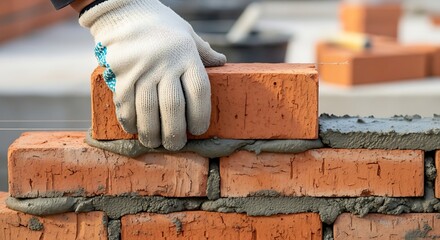 Mason laying bricks with cement mortar