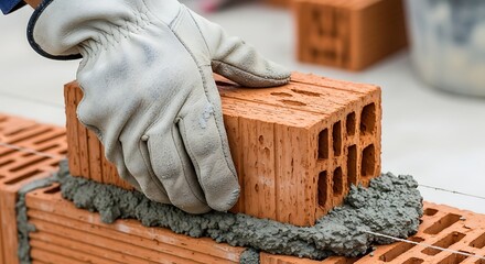 Bricklayer using glove while working on wall