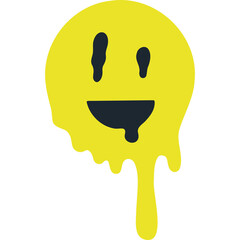Melting Yellow Smiley Face Icon Dripping with Dark Eyes and Mouth on a Transparent Background