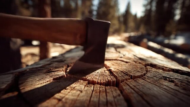 A close-up shows an axe lodged in a tree trunk, with forest background