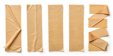 Collection of five strips of brown masking tape, each with a unique texture and varying degrees of crumpling