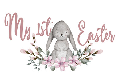 Cute watercolor grey rabbit with pink flowers and foliage in soft spring style