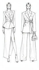Fashion Illustration of Two Chic Women in Tailored Blazer Outfits