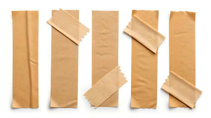 Collection of brown paper tape strips with torn edges for crafting and packaging projects or scrapbooking
