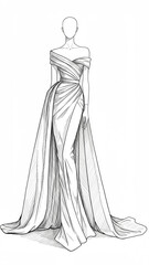 Elegant Draped Off-Shoulder Gown Fashion Illustration Sketch