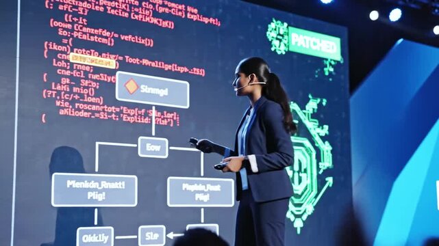 Woman in business attire presents on a screen displaying programming code and a flowchart - Powered by Adobe