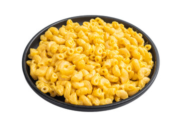 Savory mac and cheese dish with rich cheese sauce, presented on black plate with minimalist white background