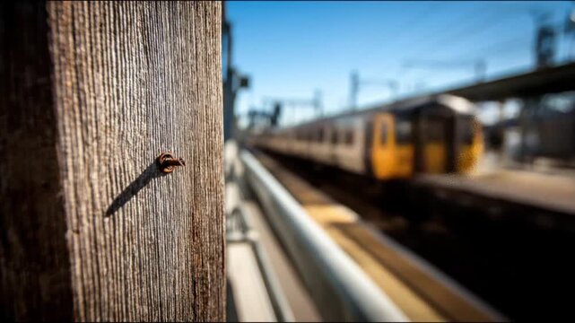 A weathered wooden post with a rusty nail, and a blurred train on the platform. Clear blue sky