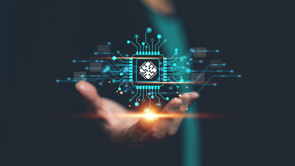 Futuristic digital illustration of a glowing microchip hovering above an open hand, symbolizing advanced technology, data processing, innovation, and modern computing systems in a connected network.