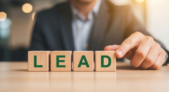 Wooden blocks spelling LEAD a businessmans hand is placing the last block concept for leadership and business strategy