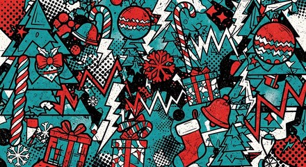 Vibrant christmas pattern with stylized trees, candy canes, gifts, stockings, and bells in a retro comic book art style with teal and red