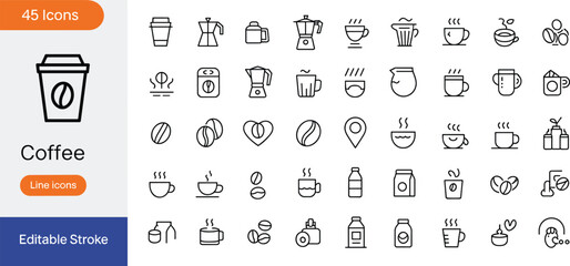 Coffee line icons set, editable stroke, takeaway cup, espresso, beans, mugs, grinder, brewing tools, cafe menu, barista equipment collection