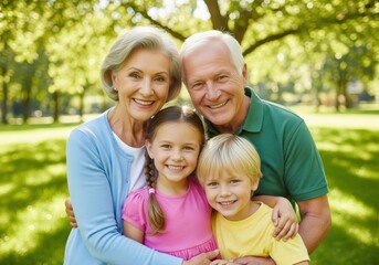 Fototapeta premium Happy grandparents and grandchildren smiling together outdoors in a park