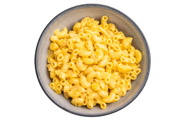 Rich, creamy mac and cheese served in a textured bowl, white background enhances the appetizing look.