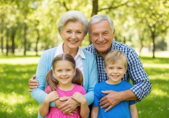 Fototapeta premium Happy grandparents with grandchildren smiling in a sunny park