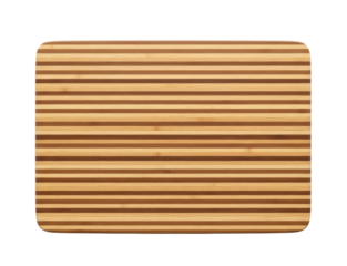 Top-down view of a rectangular bamboo cutting board with alternating light and dark brown stripes.